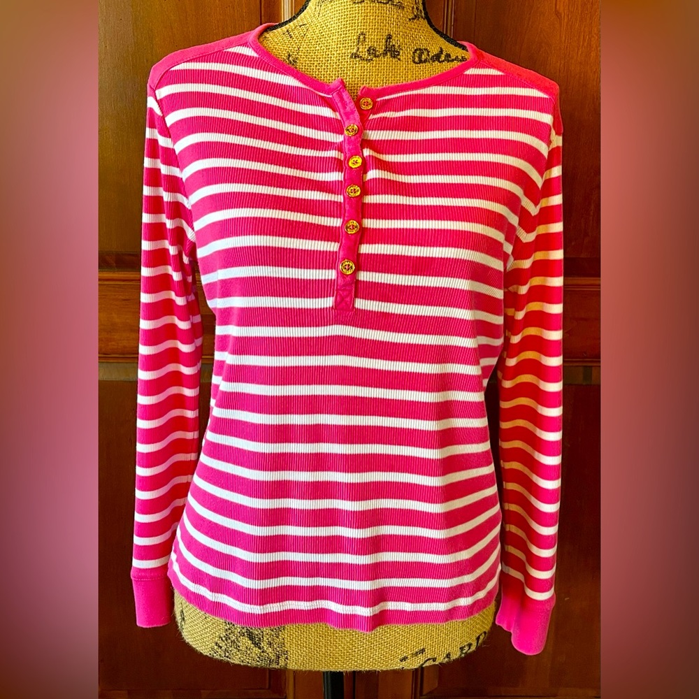 Chaps Pink and White P/L 100 % Cotton Henley Pullover Long Sleeved Top